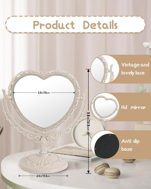 XPXKJ 7 Inch Vintage Heart Mirror, Elegant Desk Makeup Mirror with Double Sided 360 Degree Rotation
