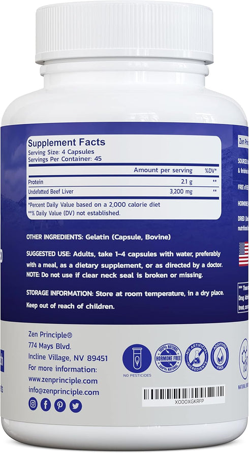 Zen Principle Ultra-Pure Desiccated Beef Liver, Grass-Fed, Pasture-Raised Cows. No Hormones or GMO. Natural Energy and Workout Boost from Iron, Amino Acids, Protein and Vitamins. 180 Capsules 800 Mg.