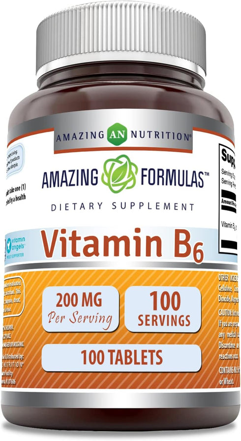 Amazing Formulas Vitamin B6 Pyridoxine, 200 mg, 100 Tablets, Non-GMO, Gluten Free, Made in USA