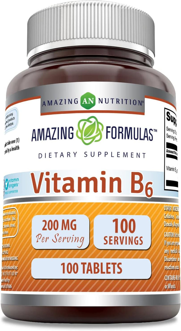 Amazing Formulas Vitamin B6 Pyridoxine, 200 mg, 100 Tablets, Non-GMO, Gluten Free, Made in USA