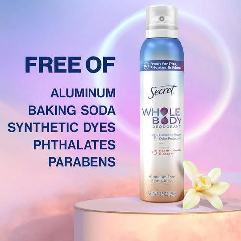 Secret 72 2.4 oz 3.5 oz (Pack 2) Whole Body Deodorant for Women, Stick + Spray Bundle, Peach + Vanilla Blossom Scent