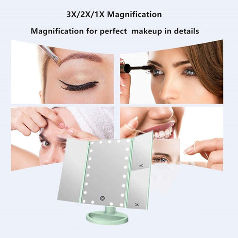 Tri-fold Lighted Vanity Makeup Mirror, 21 LEDs, 3x/2x Magnification, Touch Screen, 180 Degree Free Rotation - Green