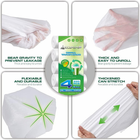 Aklyaiap 4 Gallon Trash Bags, 220 Counts, Tear & Leak Resistant Biodegradable Small Garbage Bags for Home & Kitchen,