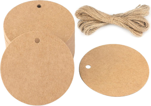 jijAcraft Brown Round Gift Tags with String, 2" x 100PCS Circle Kraft Paper Tags for Gift Wrapping, Craft Projects, DIY