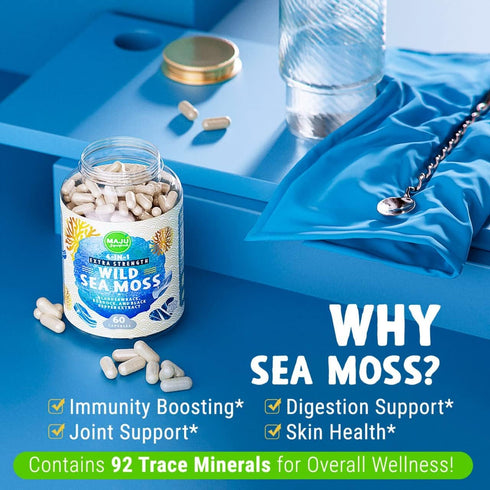 MAJU 4-in-1 Organic Sea Moss Capsules, Wild Chondrus Crispus, Stronger Than Gel, 500 mg Capsule (60 ct)