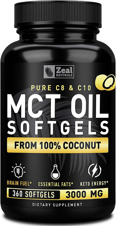 Pure MCT Oil Capsules - 360 Softgels | 3000mg, 4 Month Supply Keto Pills w Unrefined Coconut