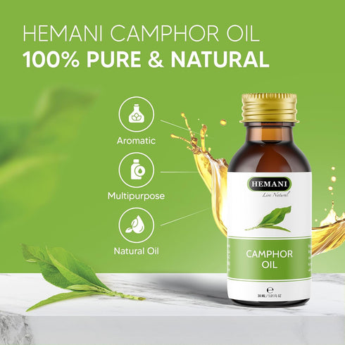 Hemani 30ml (1 Oz) 100% Camphor Oil Fl - Pure Steam Distilled | Cinnamomum Camphora | Natural Aromatic Oil for Massage