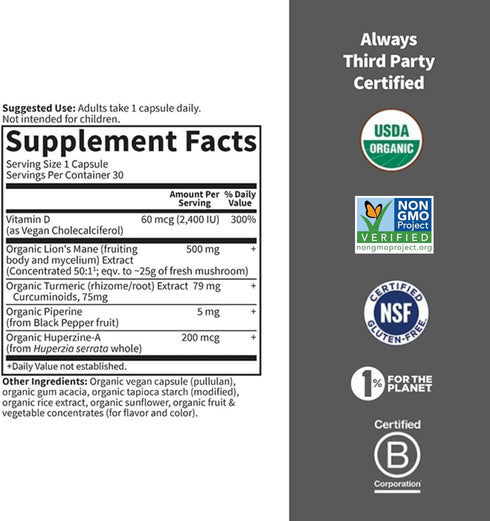 Garden of Life Brain Health Supplement with Organic Lion’s Mane & Turmeric for Memory & Focus - Non-GMO, Mint Flavor