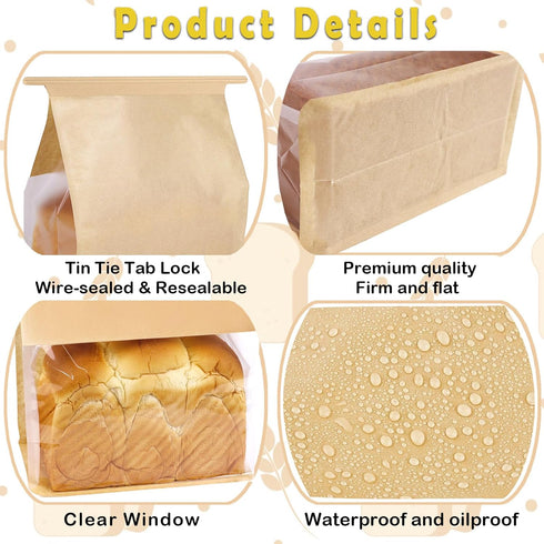 WKNGM 50PCS (8.7 4.3 11 Inches) Reusable Kraft Paper & Plastic Bread Bags with Tin Tie Lock, Sourdough Bread Bags