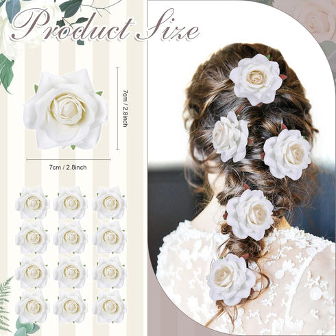 Yilloog 12 Pack Rose Hair Clip - 2.8'' Floral Brooch Hairpins for Women, Wedding Pack (White)