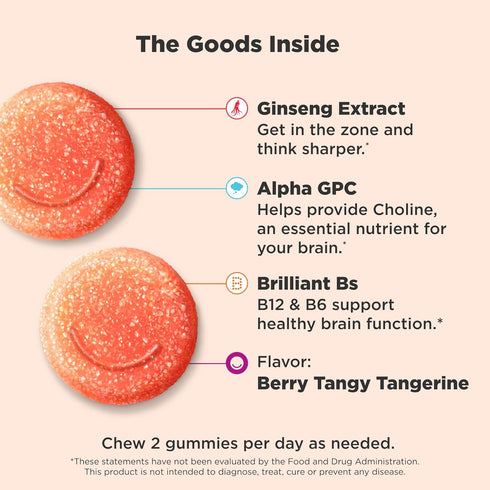Gummy, 36 Count OLLY Laser Focus Ginseng, Alpha GPC, B Vitamins, Berry Tangerine Flavor