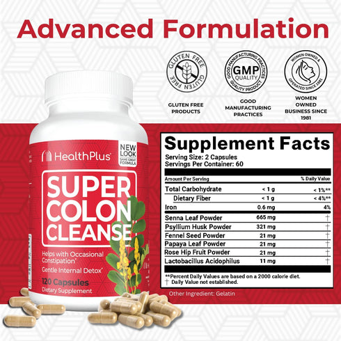 Health Plus Super Colon Cleanse 10 Day Gentle Gut Cleanse Detox, Psyllium Husk, Probiotics for Constipation Relief & Digestive Support, 120 Capsules