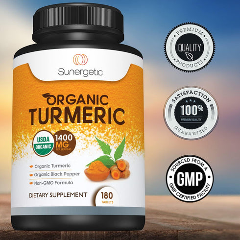 Sunergetic USDA Certified Organic Turmeric Supplement – 1,400mg of Turmeric per Serving with Organic Black Pepper - 180