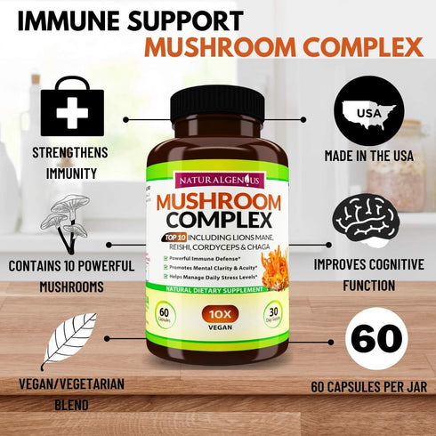 Natural Genius Top 10 Mushroom Extracts - Immune Booster with White Button, Lions Mane, Cordyceps, Chaga, Reishi Plus