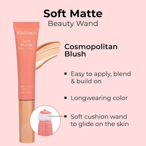 MCoBeauty Soft Matte Beauty Wand, Cosmopolitan Blush, Velvety Finish of Buildable Color, Vegan, Cruelty Free Cosmetics