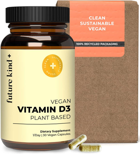 Future Kind Vegan Vitamin D3-2500 IU Plant-Based Supplement - Sugar-Free Lichen-Based for Cell & Immune Support (30