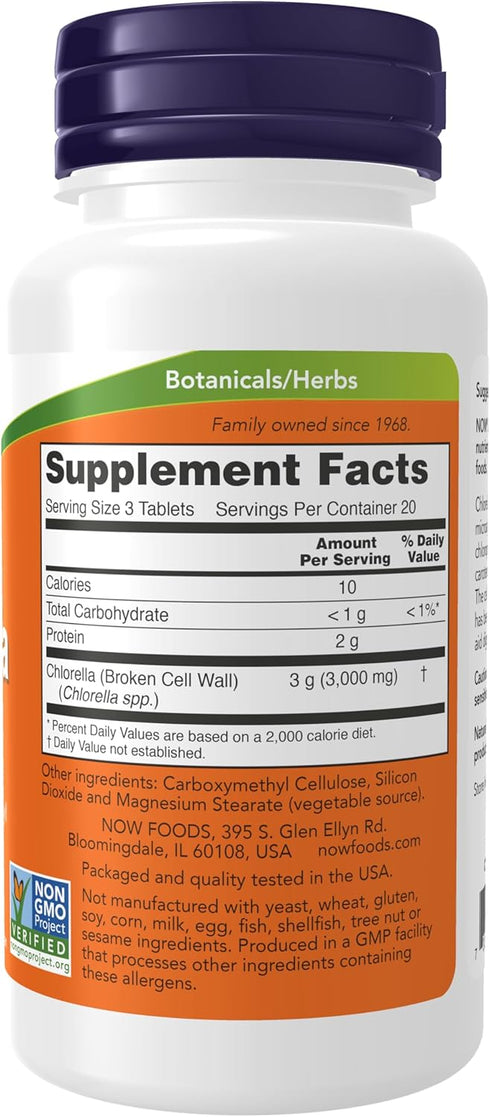NOW Supplements, Chlorella 1000 mg with naturally occurring Chlorophyll, Beta-Carotene, mixed Carotenoids, Vitamin C, Iron and Protein, 60 Tablets