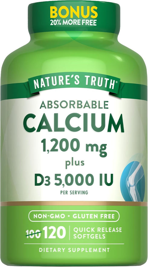 Nature's Truth Absorbable Calcium 1200 mg with Vitamin D3 5000 IU, 120 Softgels, Non-GMO & Gluten Free Supplement