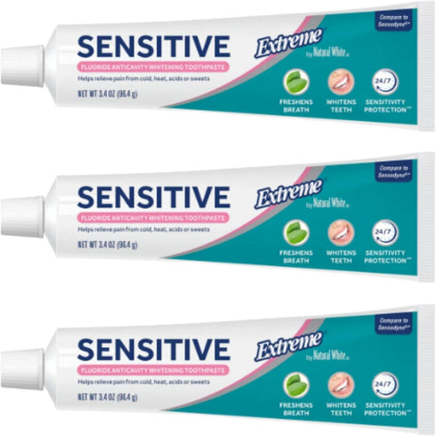 Natural White Extreme Sensitive Fluoride Anti-Cavity Whitening Toothpaste, 3.4 oz, Sensitive Teeth Relief (Pack of 3) +