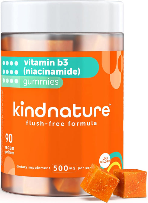 Kind Nature Vitamin B3 Gummies, 500mg Flush Free Niacinamide, Vegan, Non-GMO, 90 Chewable Gummies, 1 Month Supply