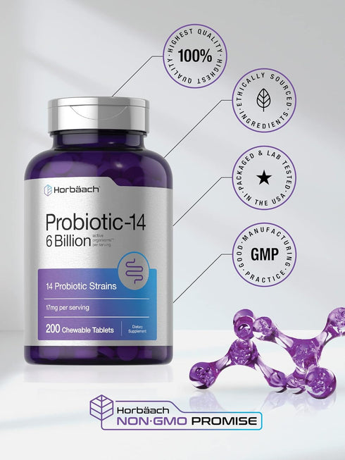 Horbaeach Chewable Probiotics 200 Tablets | 6 Billion CFUs | 14 Probiotic Strains | Vegetarian, Non-GMO & Gluten Free