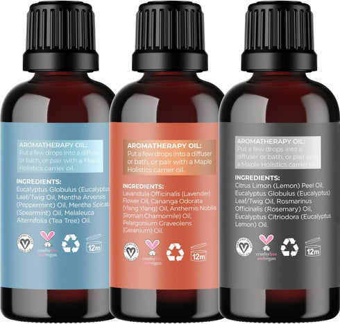 Set Maple Holistics Essential Oils - Relax Breathe and Defend Purifying and Relaxing Essential Oils for Diffusers