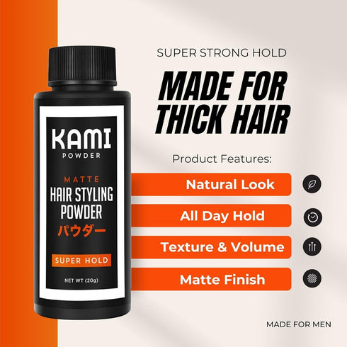 Kami Hair Styling Powder for Men - Strong Hold, Natural Matte Finish, Texturizing Hair Powder for Thick Hair Styling