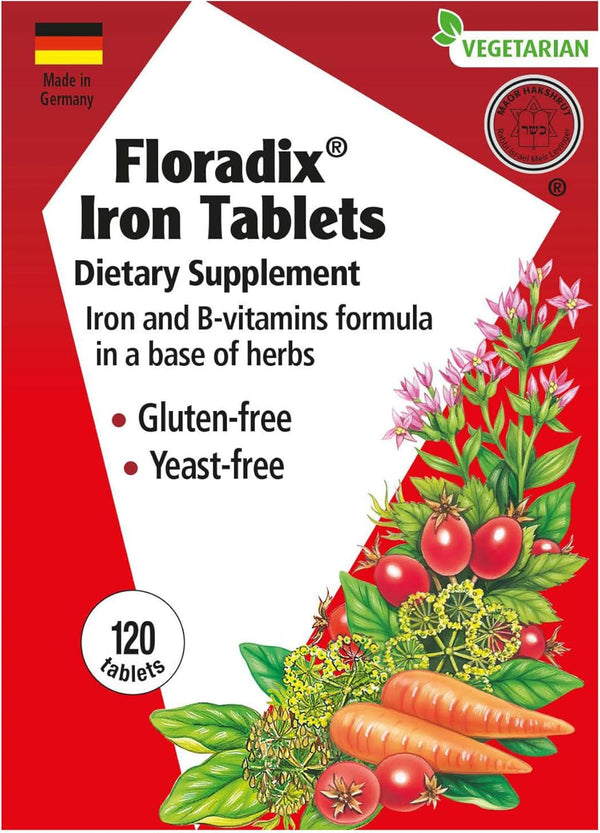 Floradix Iron Tablets - Energy Support Supplement for Men & Women - Natural Iron with B Vitamins & Vitamin C, 120