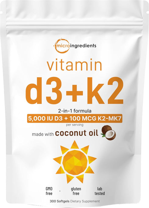 Micro Ingredients Vitamin D3 5000 IU Plus K2 (MK-7) 100 mcg - 300 Virgin Coconut Oil Softgels for Bone and Immune Health