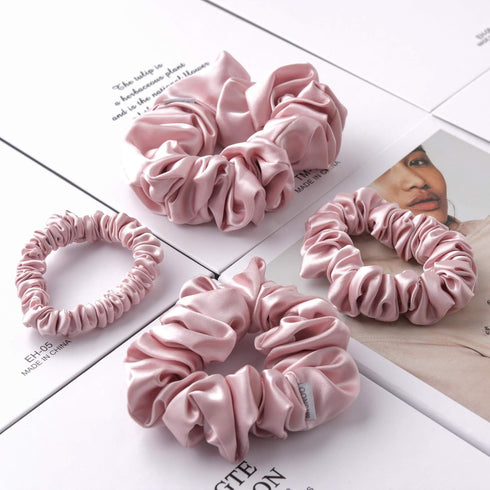 MTSNOO 100% Pure 22 Momme Mulberry Silk Scrunchies for Hair & Sleep, 4 Pack, Rosy Pink