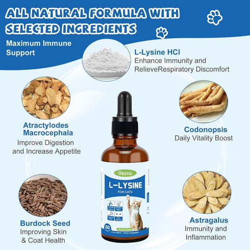 Ourea Immune L-Lysine for Cats, Lysine Supplement for Support System,Respiratory Eye Health, Alleviates Sneezing