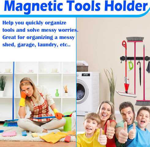 Strong Magnetic Mop Broom Holder, 1 Set Heavy Duty Magnetic Mop Broom Hanger with 4 Hooks for Cleaning Tools, Magnet Tool Hanger Organize System Utility Rack for Workshop Laundry Garage Kitchen