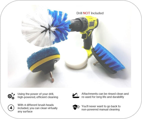 4 Piece Drill Brush Attachment Set, Scrubbing Pad and Sponge - Power Brush Scrubber Deep Cleaning Kit for Bathroom Kitchen Boat Car Grout Floor Tub Shower Tile Surfaces by Pro-Graad