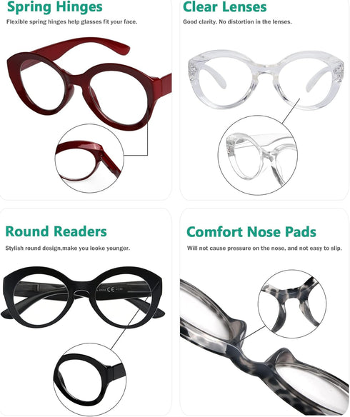 Eyekepper 4 Packing Round Reading Glasses - Women Large Frame Stylish Readers +0.50
