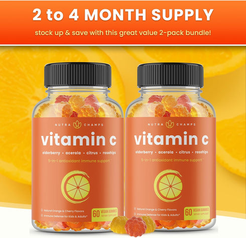 Vitamin C Gummies for Adults & Kids | 5-in-1 Immune Support with Elderberry, Rosehips, Citrus Bioflavonoids (2 Pack)
