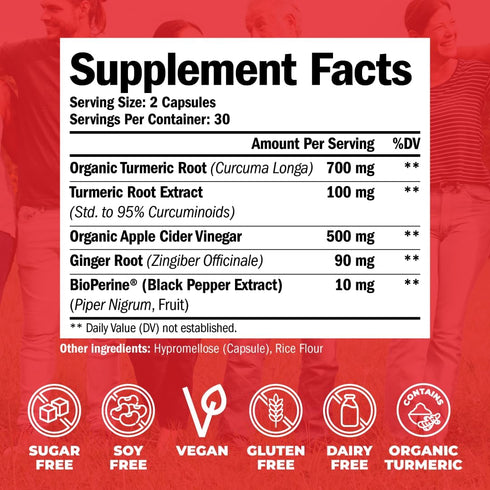 Organic Apple Cider Vinegar Capsules with Turmeric and Ginger for Joint Health, 60 Vegan ACV Supplements