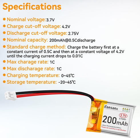 Ransanx 3.7V 200mAh 502025 2.0 (2 Lipo Battery Rechargeable Lithium Polymer Battery with Micro JST Connector Integrated
