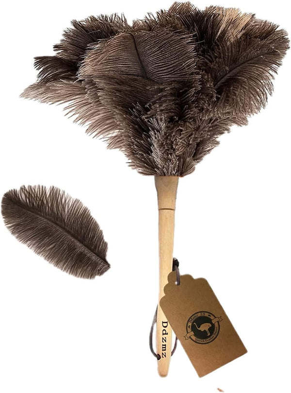 Feather Duster - Genuine Ostrich Feathers with Wooden Handle, Reusable Handheld Cleaning Supplies, Gray and Brown