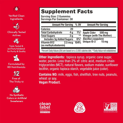HUM Pro ACV Gummies -100% Organic Apple Cider Vinegar with The Mother, Probiotics for Digestive Health & B12 for Metabolism Support