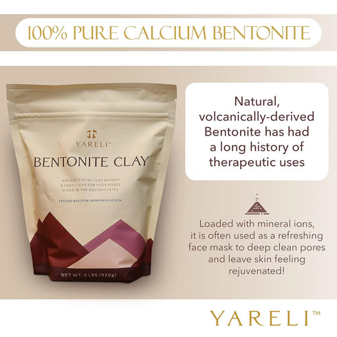 YARELI Bentonite Clay Powder - 2lb Facial Mask & Detox Bath, Indian Healing Clay