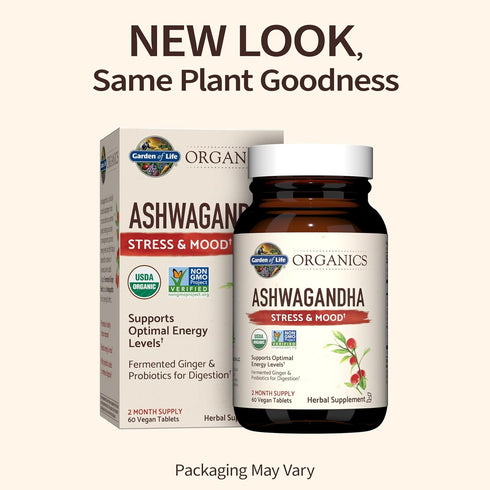 Garden of Life Organics Ashwagandha Stress, Mood & Energy Support Supplement with Probiotics & Ginger Root for Digestion - Vegan, Gluten Free, Non GMO – 2 month supply, 60 tablets