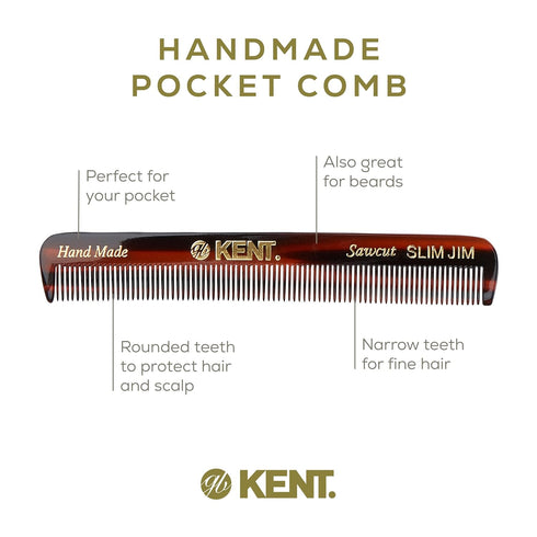 Kent Slim Jim Handmade Fine Tooth Pocket Comb for Men, Hair Comb for Grooming and Styling