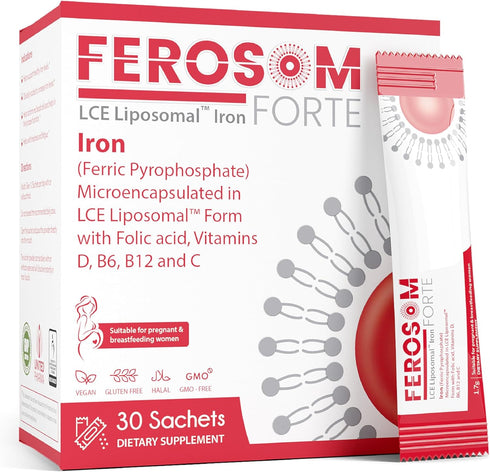 LCE Liposomal Iron Supplement Powder, 21g Elemental Iron with Vitamins, Berry Flavor, 30 Vegan Iron Sachets