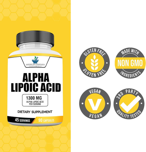 American Standard Supplements Alpha Lipoic Acid 1300mg - Vegan, Gluten Free, Non-GMO, 90 Capsules, 45 Servings