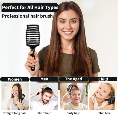 HIPPIH 2 Pack Boar Bristle Hair Brush, Wet & Dry No Pull Curved Vented Detangler for Kids & Men