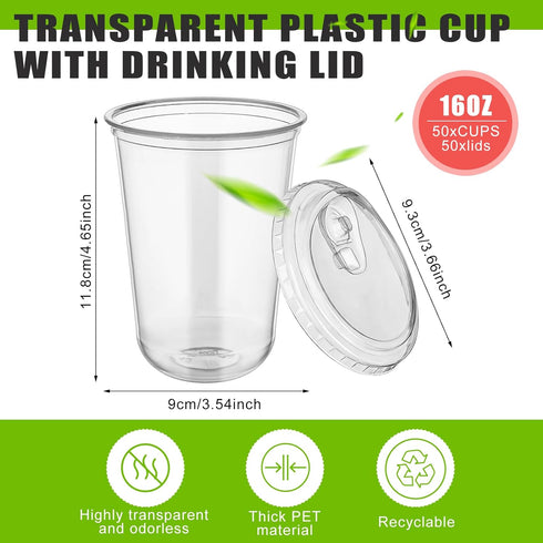 Mkhaslri 50 Sets Stemless 16 oz) Disposable Glasses With Strawless Sip Lids,PET Drinking Cups,Clear Plastic Coffee Cups