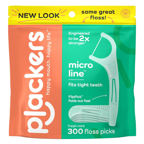 Plackers Micro Line Dental Floss Picks, Fold-Out FlipPick, Tuffloss, Fresh Mint Flavor, 300 Count