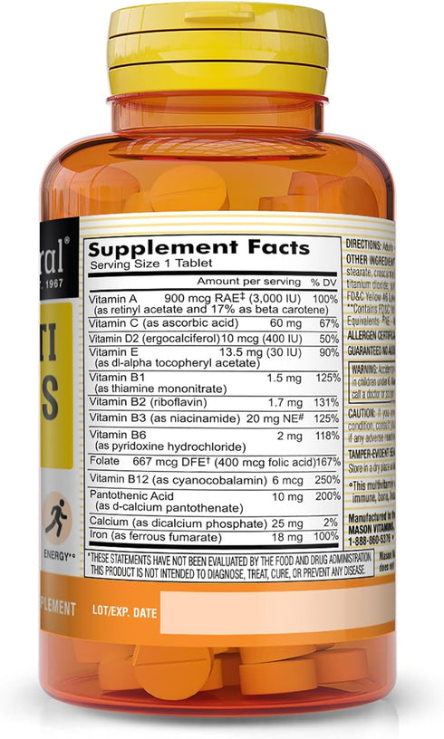MASON NATURAL Daily Mini Multi Vitamins with Iron, Vitamins A, C, D, E, B1, B2, B3, B6, B12, Folate & Calcium, 100 Day Supply (1 Pack)