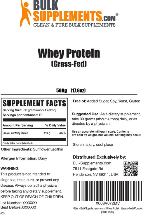 BulkSupplements.com Grass Fed Whey Protein Powder, Unflavored, Gluten-Free, 30g per Serving, 500g