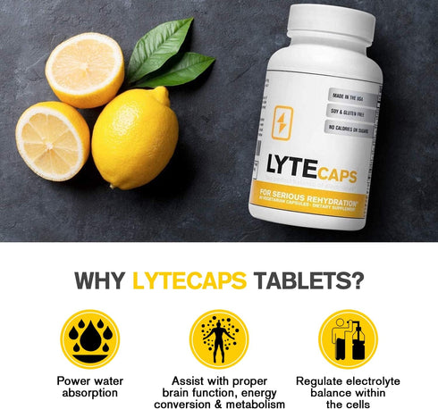 LyteCaps Electrolyte Tablets - 60 Vegetarian Capsules - for Serious Rehydration and Cramps, Dehydration - Magnesium, Potassium, Sodium and Zinc - Free of Gluten, Dairy and Nuts